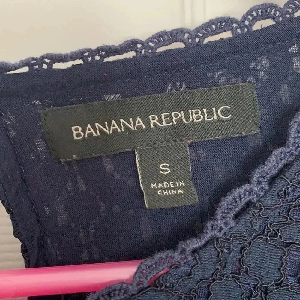 Banana Republic Navy Blue Eyelet Lace Blouse Top Size S